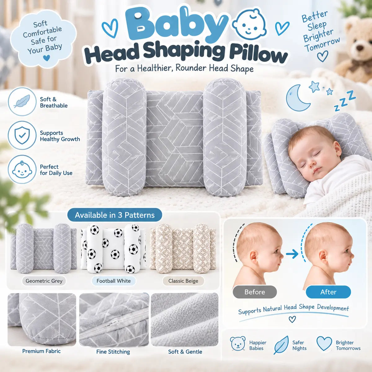 Adjustable baby head shaping soft pillow with cushioned side supports