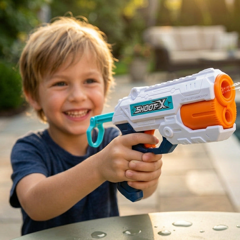 Child holding a water gun by a pool