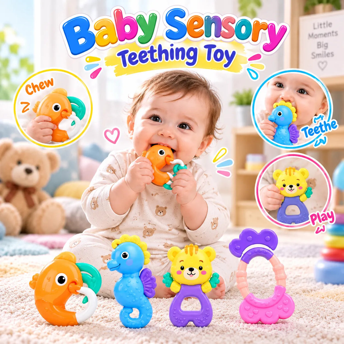 Baby Sensory Teething Toy Set with Colorful Animal Shapes