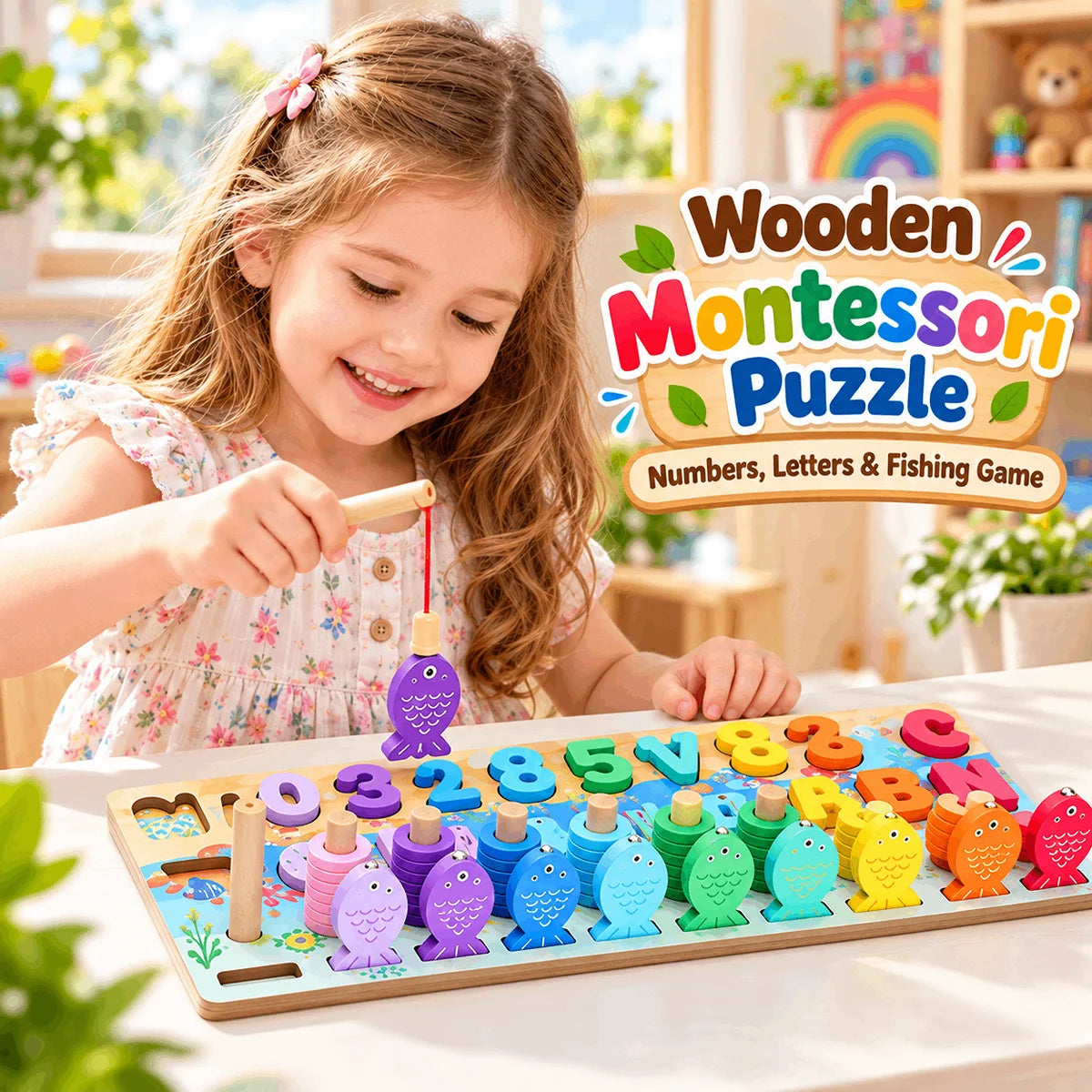 Wooden Montessori Puzzle Numbers Letters and Fishing Game for Kids