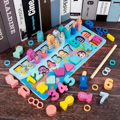 Wooden Montessori Puzzle with Numbers, Letters and Fishing Game for Kids