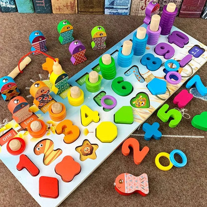 Wooden Montessori Puzzle with Numbers, Letters and Fishing Game for Kids