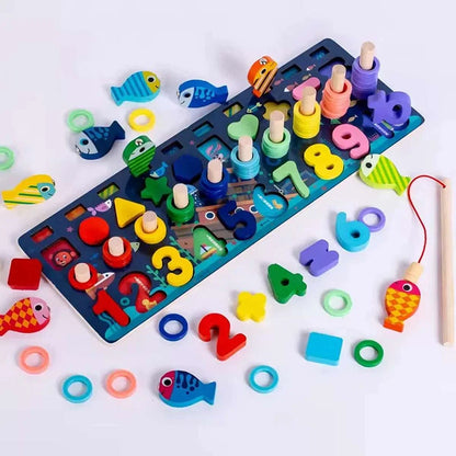 Wooden Montessori Puzzle with Numbers, Letters and Fishing Game for Kids