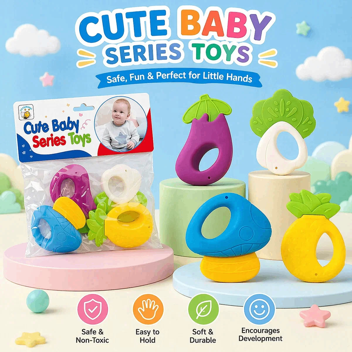 Colorful Baby Teether Set – 4-Piece Teething Toys