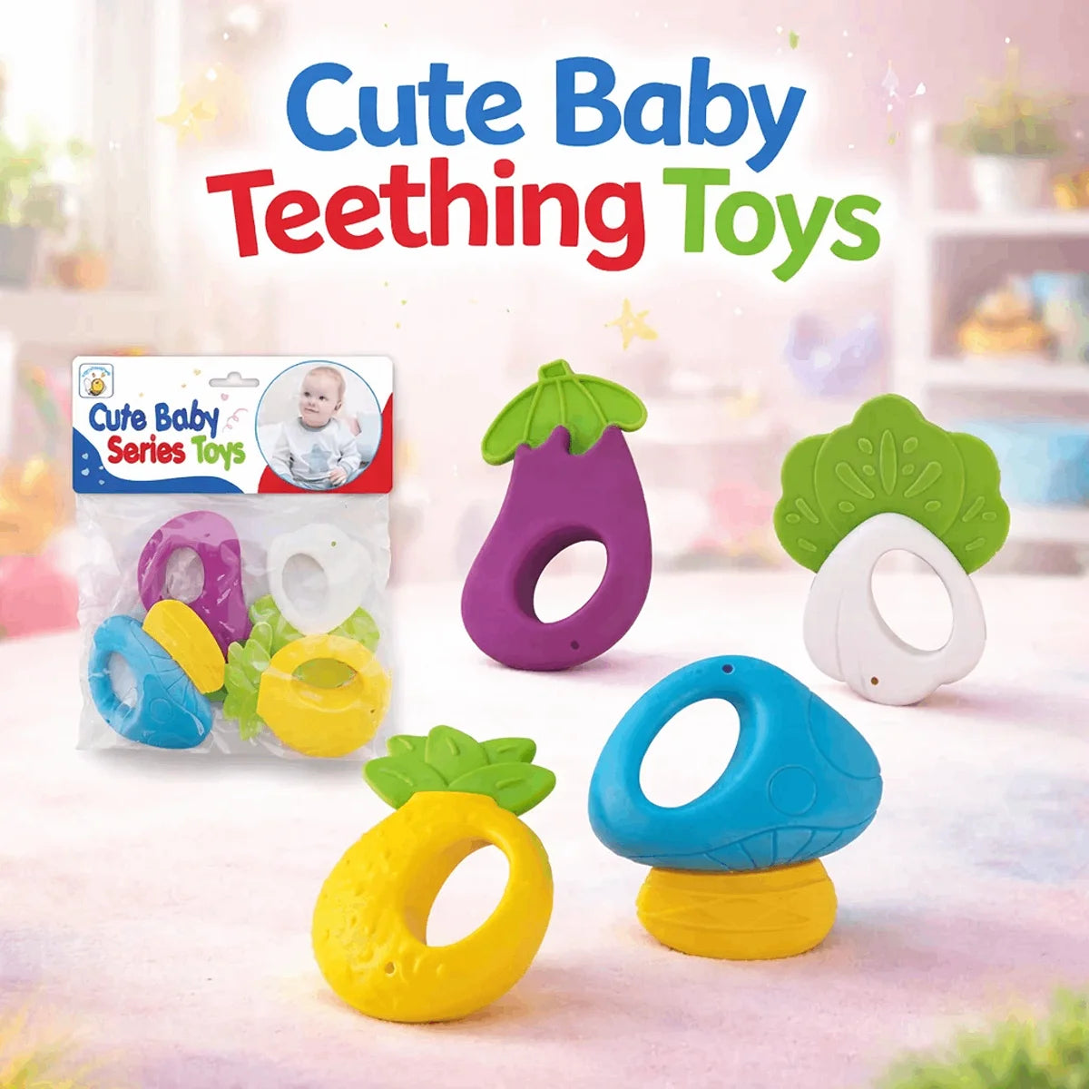 Colorful Baby Teether Set – 4-Piece Teething Toys