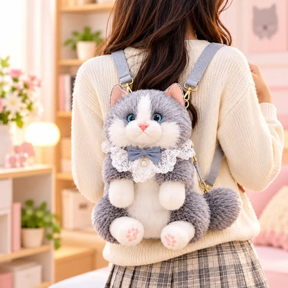 Cute realistic plush cat shoulder bag with soft fur and adjustable strap for kids