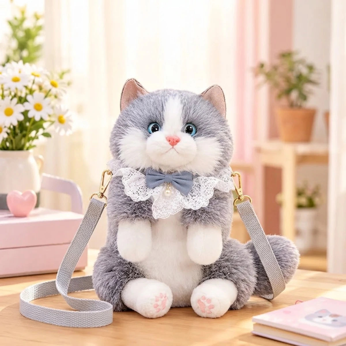 Cute realistic plush cat shoulder bag with soft fur and adjustable strap for kids
