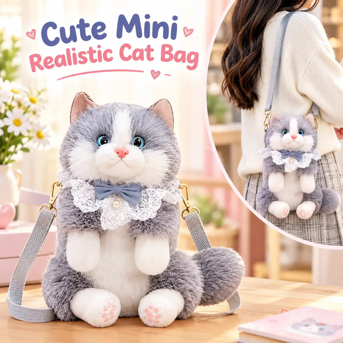 Cute realistic plush cat shoulder bag with soft fur and adjustable strap for kids