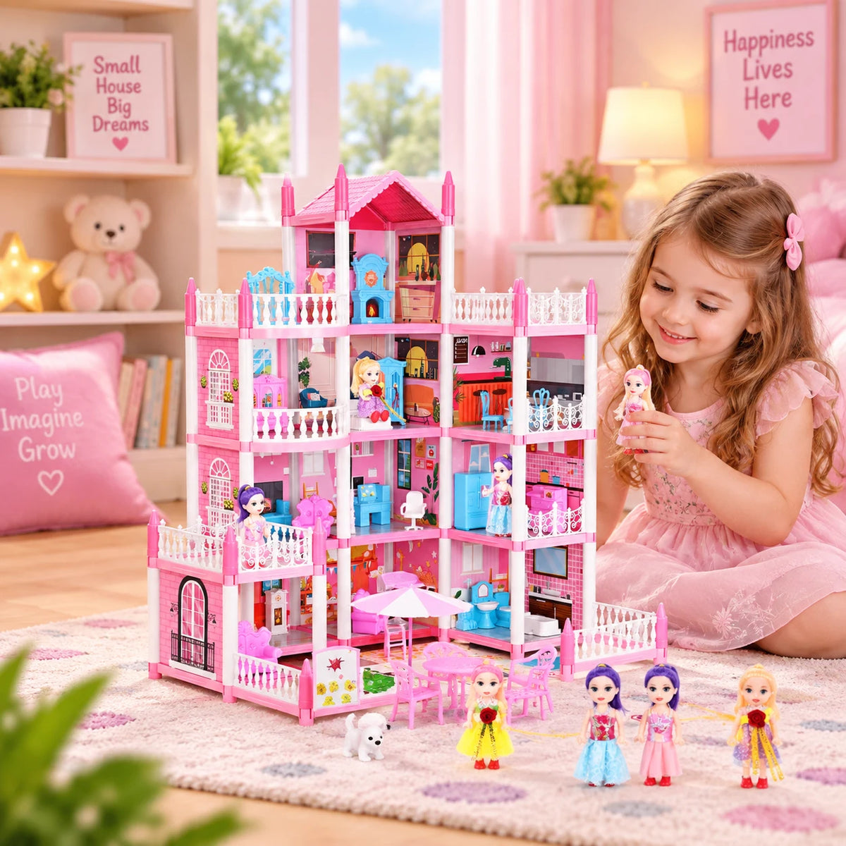 DIY Dreamy Pink Doll House Playset for girls pretend play