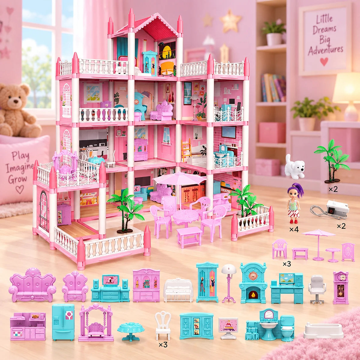 DIY Dreamy Pink Doll House Playset for girls pretend play