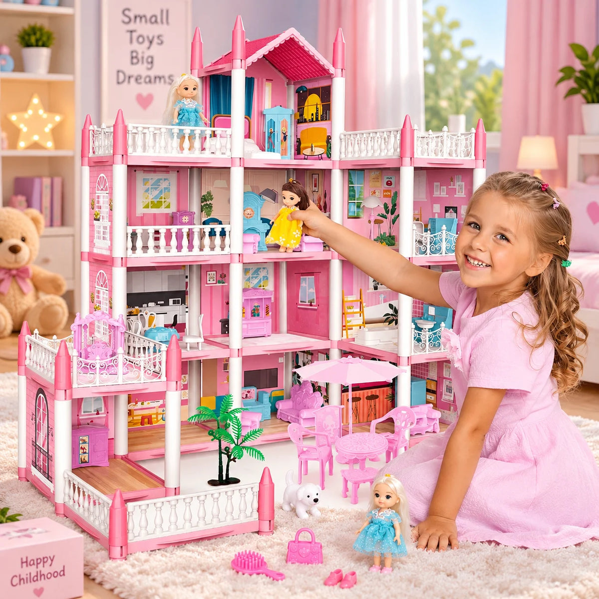DIY Dreamy Pink Doll House Playset for girls pretend play
