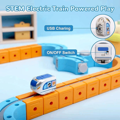 67-piece DIY magnetic railway track building set for kids with colorful track pieces, electric train, and accessories