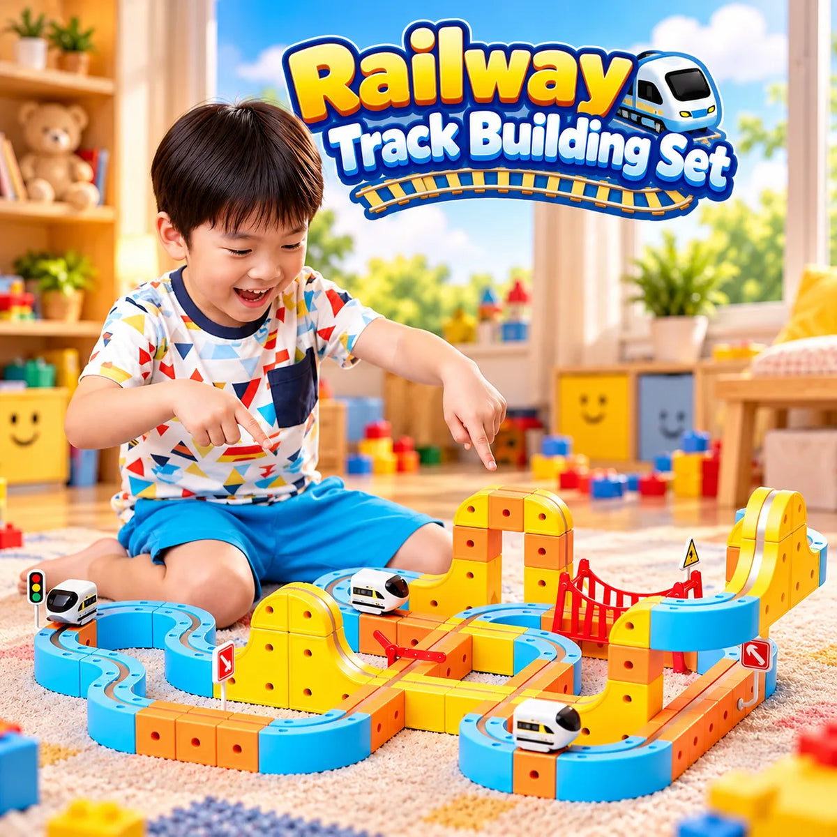 67-piece DIY magnetic railway track building set for kids with colorful track pieces, electric train, and accessories