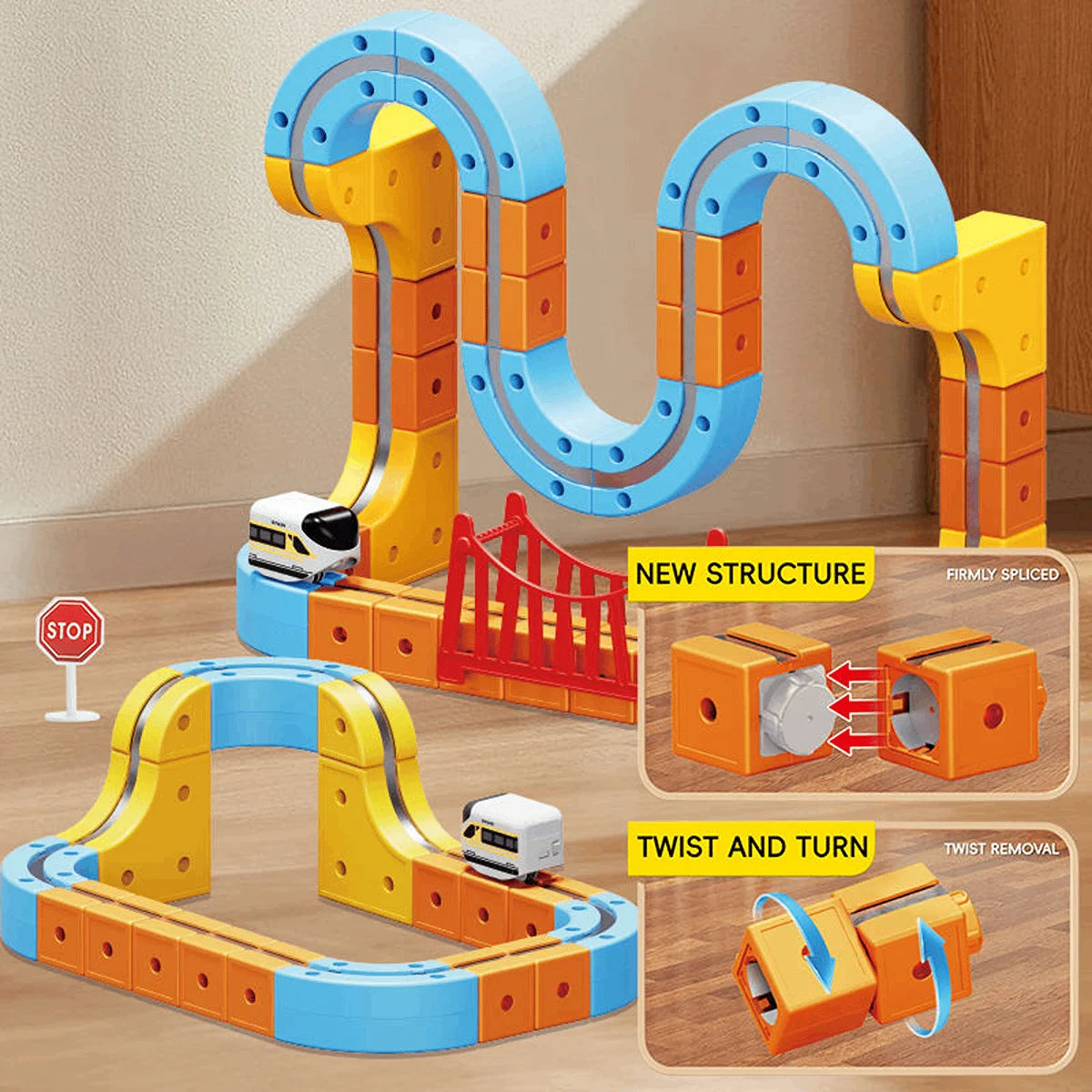 67-piece DIY magnetic railway track building set for kids with colorful track pieces, electric train, and accessories