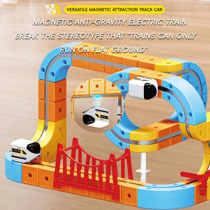 67-piece DIY magnetic railway track building set for kids with colorful track pieces, electric train, and accessories