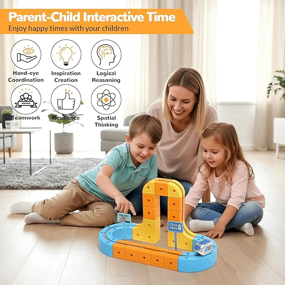 67-piece DIY magnetic railway track building set for kids with colorful track pieces, electric train, and accessories