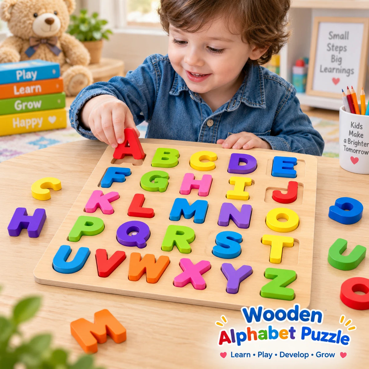 Early Educational wooden Colorful 3D Numbers Shapes and Alphabets 