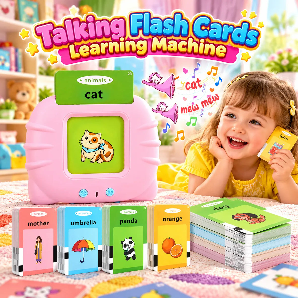 English talking flash cards learning machine for kids with picture cards and audio word playback