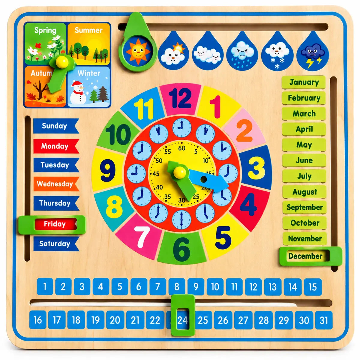 Educational wooden multifunctional calendar clock learning board with days months dates and seasons for kids