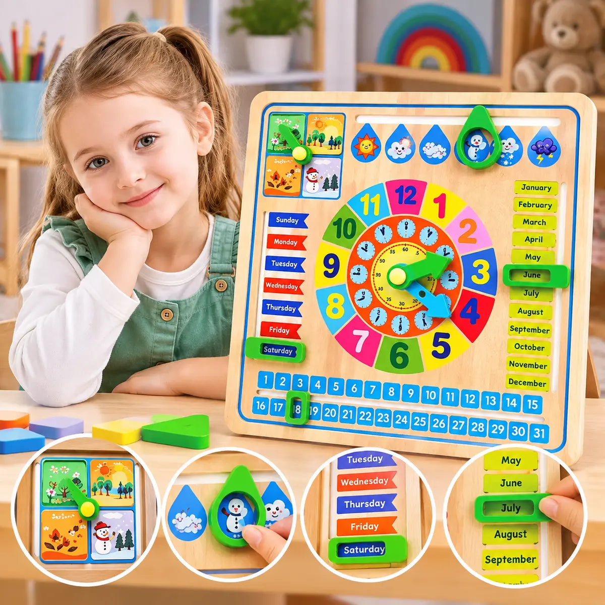 Educational wooden multifunctional calendar clock learning board with days months dates and seasons for kids