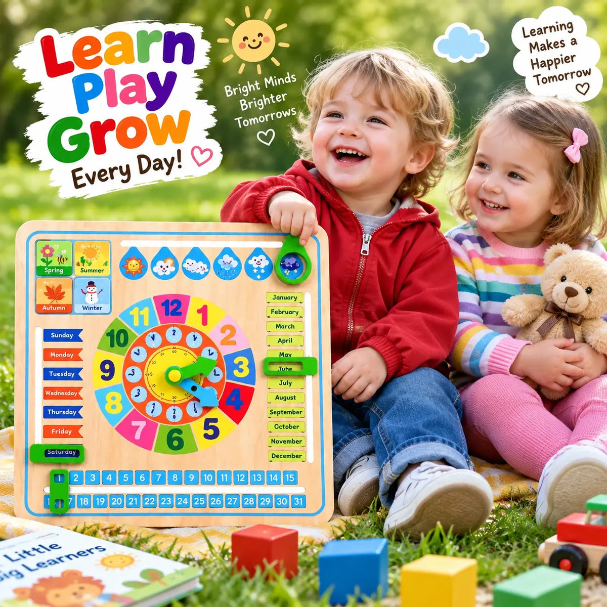 Educational wooden multifunctional calendar clock learning board with days months dates and seasons for kids