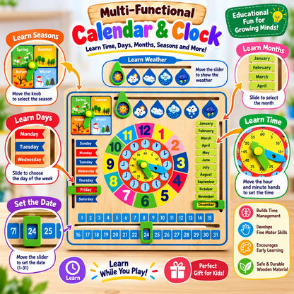 Educational wooden multifunctional calendar clock learning board with days months dates and seasons for kids