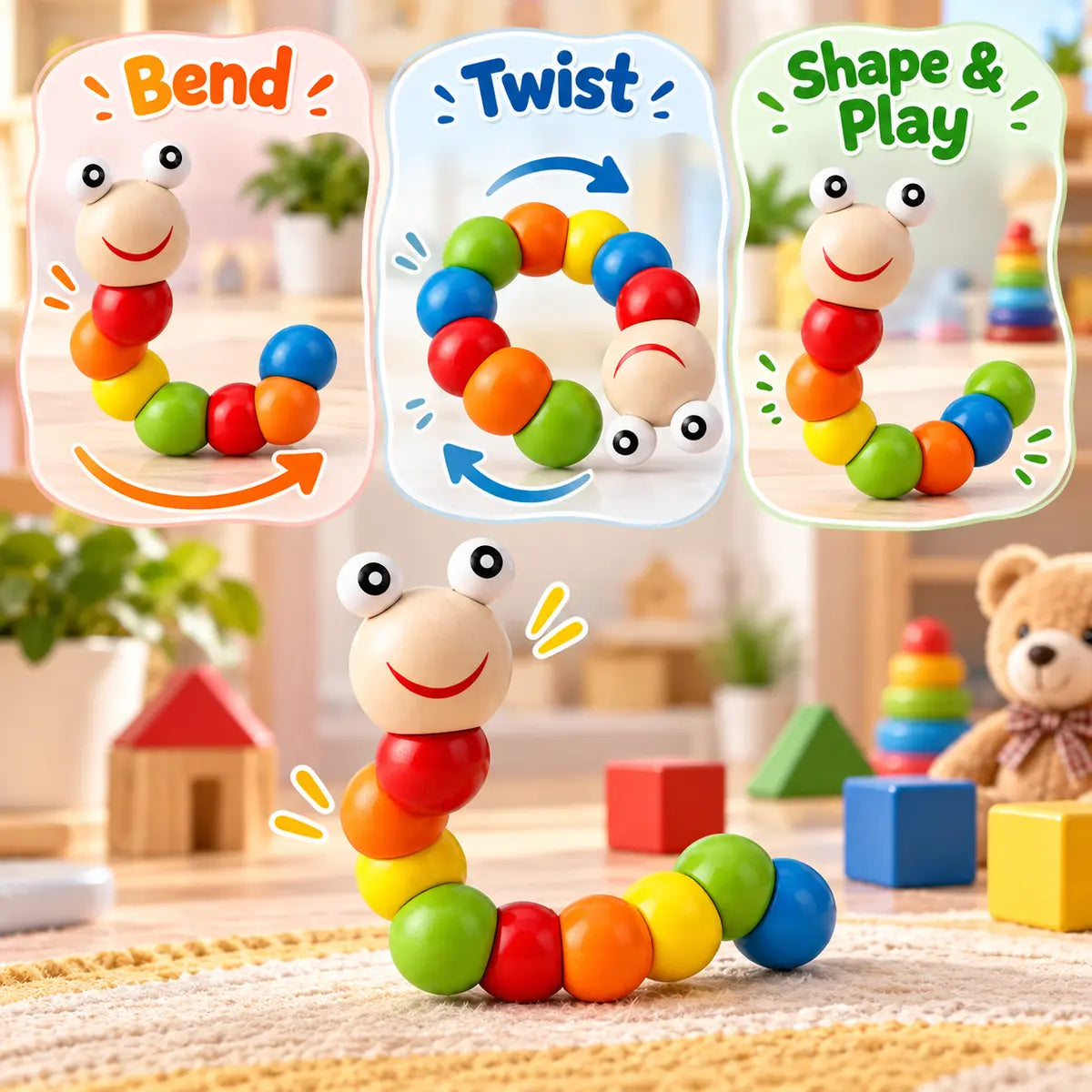 Flexible Wooden Caterpillar Twist Toy for Kids