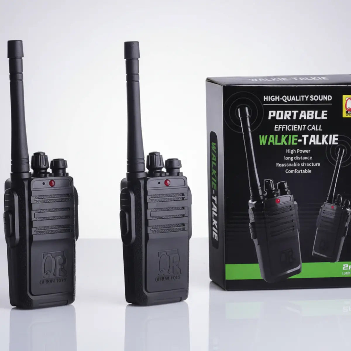 Set of two black handheld walkie talkie communication toys for kids with antennas and portable radio-style design