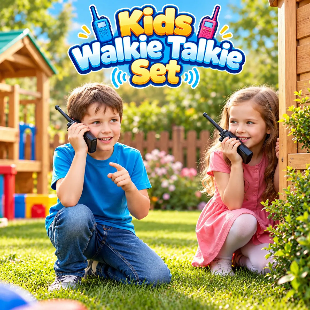Set of two black handheld walkie talkie communication toys for kids with antennas and portable radio-style design
