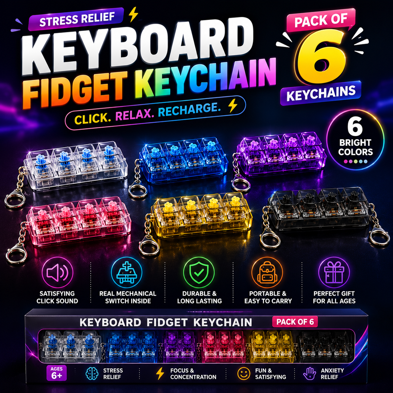Keyboard Fidget Stress Relief Keychain for Kids & Adults (Random Colors | KC)