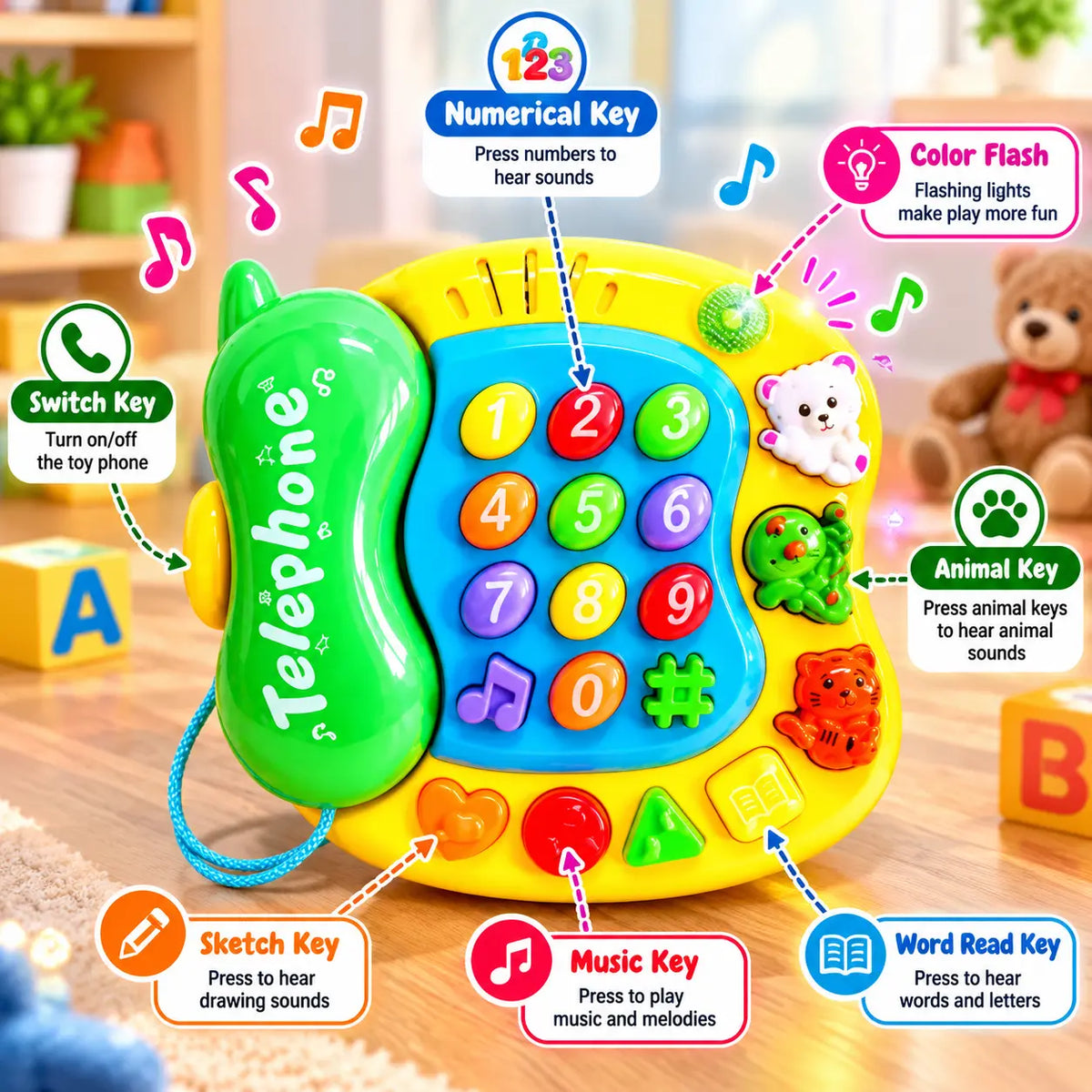 Interactive educational phone toy for kids with green handset, number keys, animal buttons, musical controls, and colorful flashing features