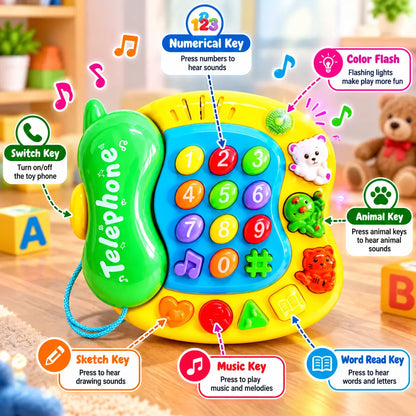 Interactive educational phone toy for kids with green handset, number keys, animal buttons, musical controls, and colorful flashing features