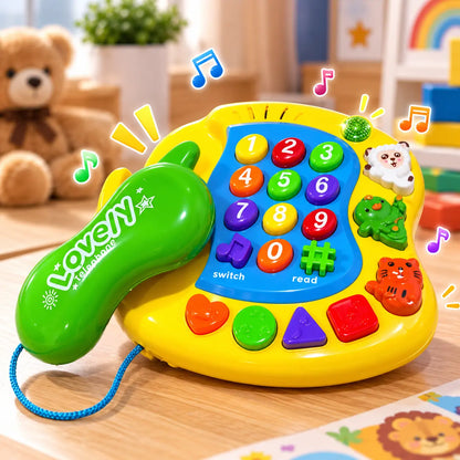 Interactive educational phone toy for kids with green handset, number keys, animal buttons, musical controls, and colorful flashing features