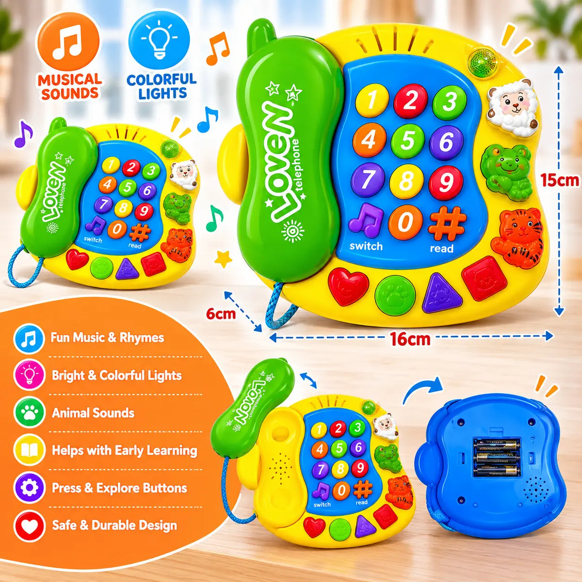 Interactive educational phone toy for kids with green handset, number keys, animal buttons, musical controls, and colorful flashing features