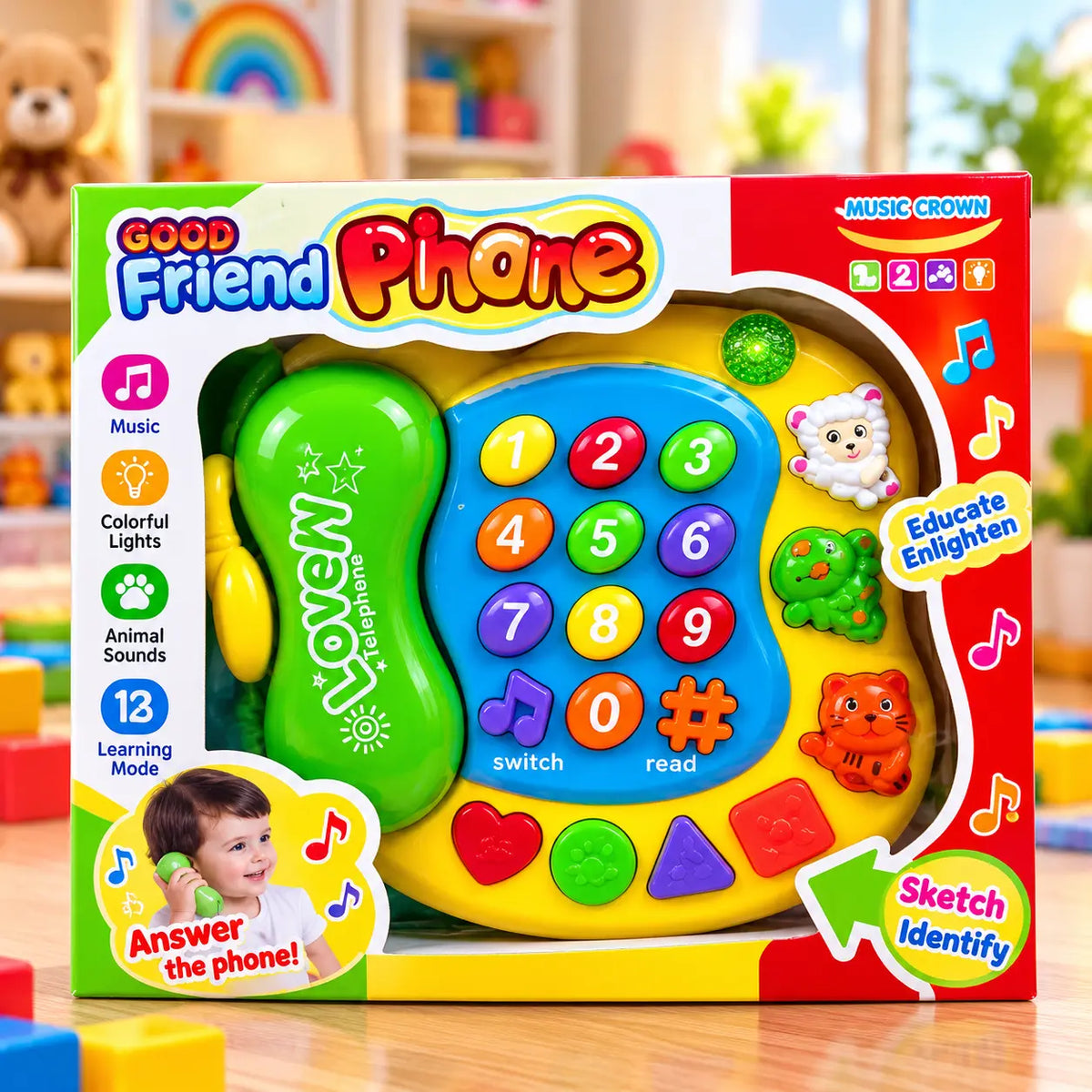 Interactive educational phone toy for kids with green handset, number keys, animal buttons, musical controls, and colorful flashing features