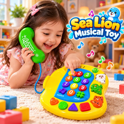 Interactive educational phone toy for kids with green handset, number keys, animal buttons, musical controls, and colorful flashing features