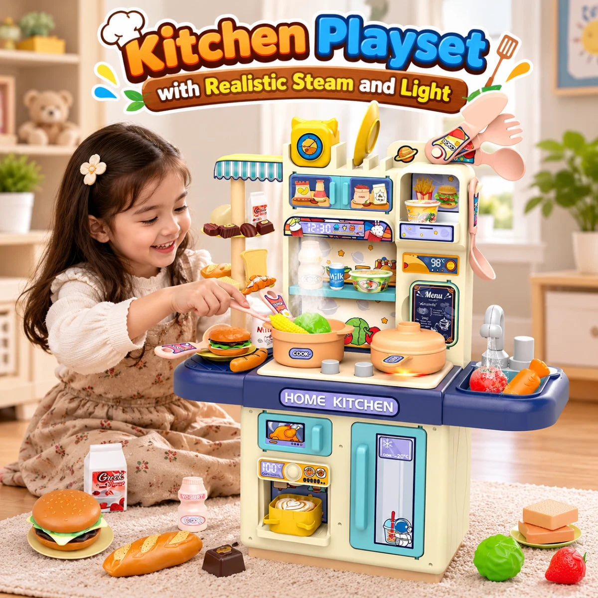 Kitchen Playset with Realistic Steam and Light