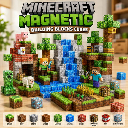 Minecraft-style village with trees, houses, and waterfalls.
