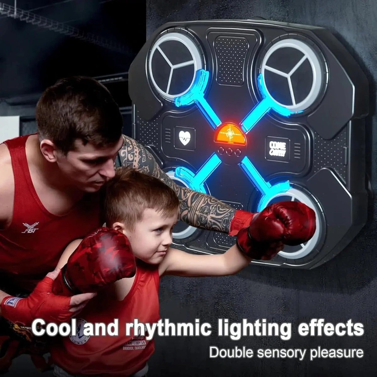 Children's musical boxing machine with LED light targets and black padding