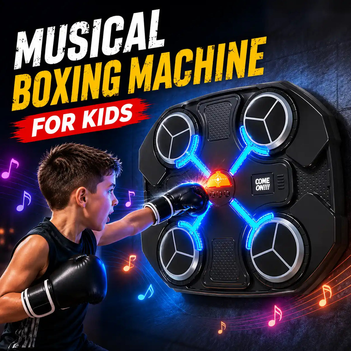 Children's musical boxing machine with LED light targets and black padding