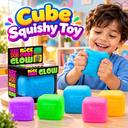 Nee Doh Nice Cube Glow squishy fidget cubes in colorful pink, blue and green variants displayed in retail packaging