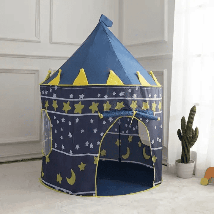 Children's play tent with star and moon patterns on a white floor.