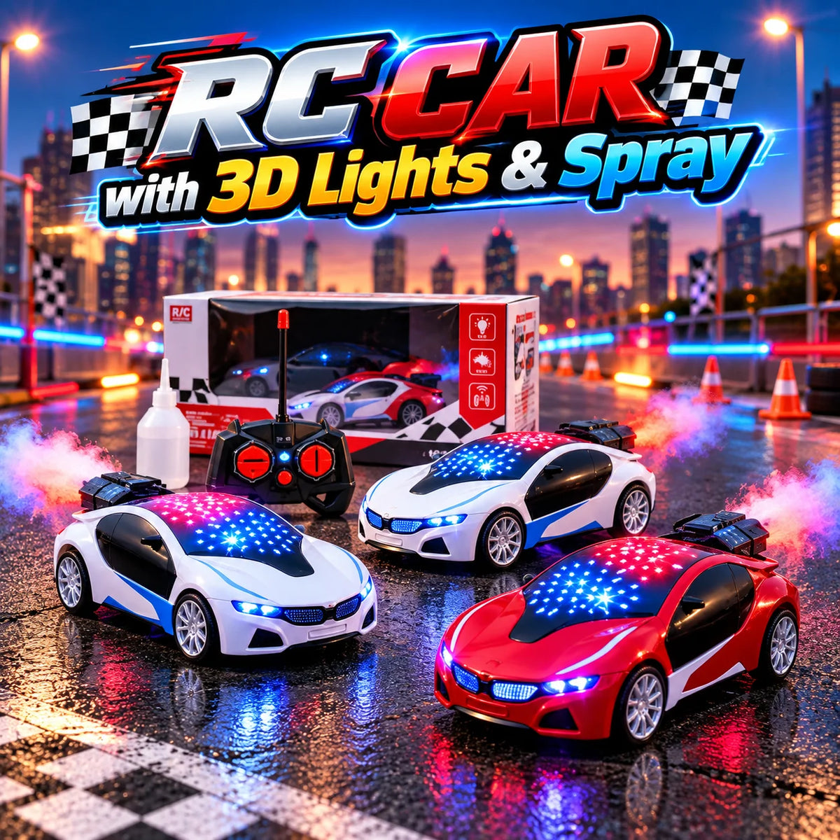 Rechargeable remote control car with 3D lights and spray effect, LED RC drift car