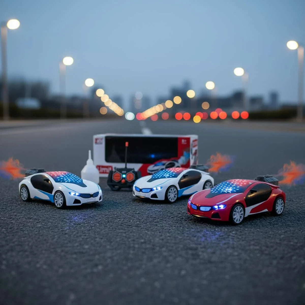 Rechargeable remote control car with 3D lights and spray effect, LED RC drift car