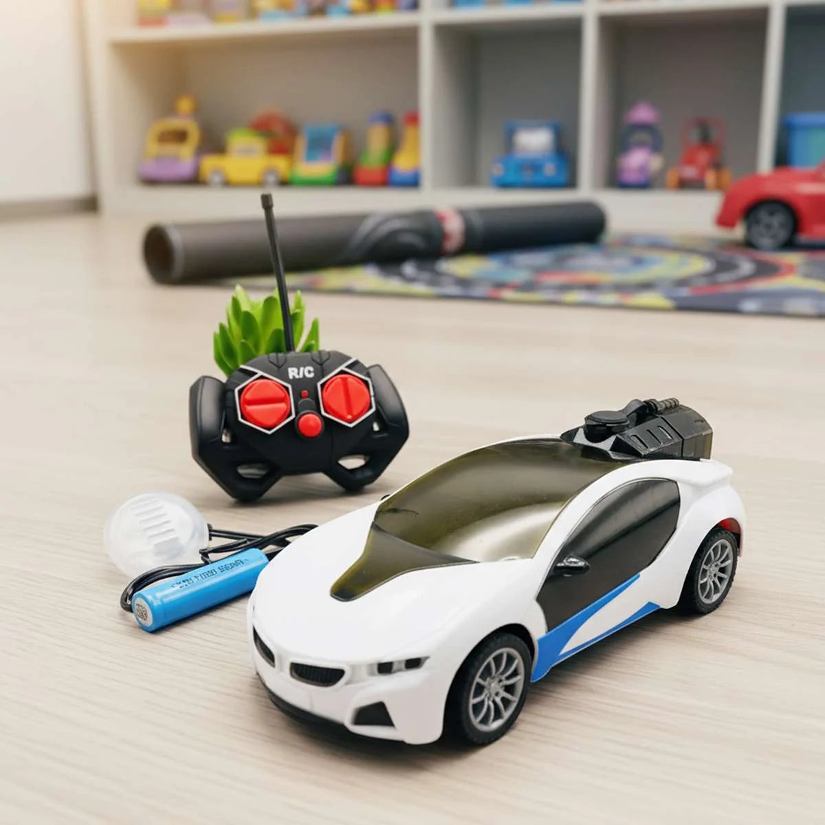 Rechargeable remote control car with 3D lights and spray effect, LED RC drift car