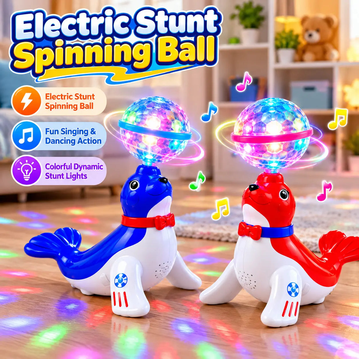 Rotating sea lion musical toy for kids featuring a colorful light-up ball, music and 360-degree rotating movement