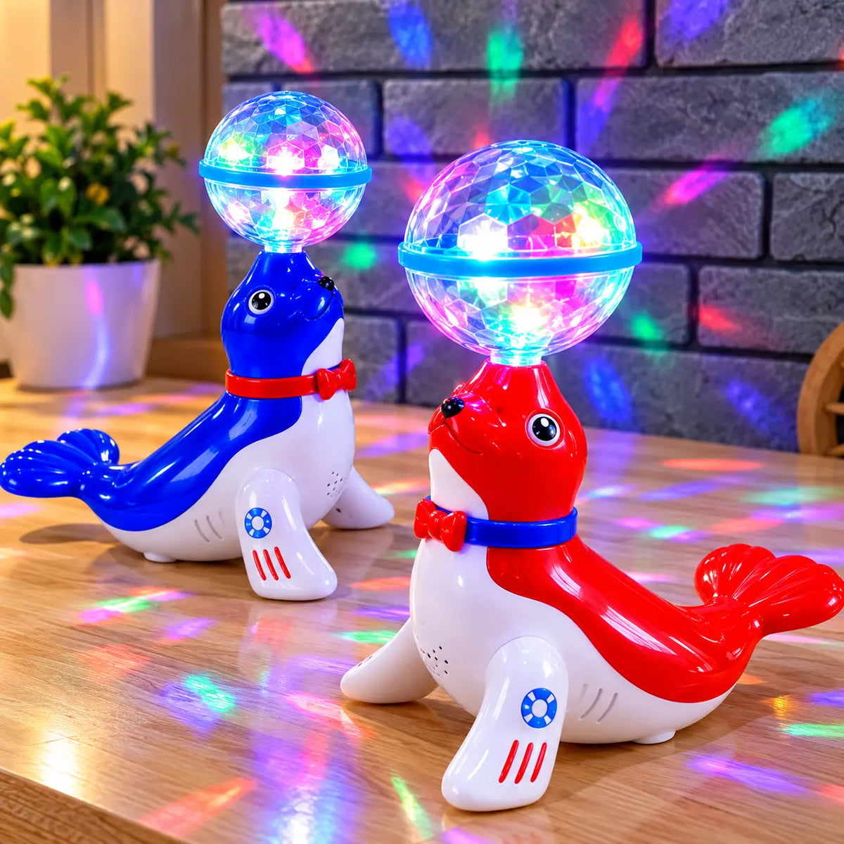 Rotating sea lion musical toy for kids featuring a colorful light-up ball, music and 360-degree rotating movement