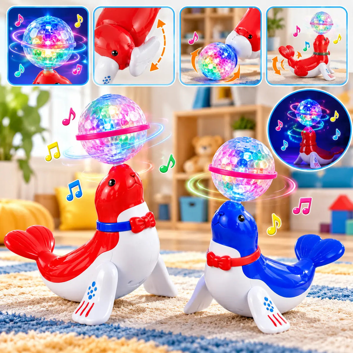 Rotating sea lion musical toy for kids featuring a colorful light-up ball, music and 360-degree rotating movement
