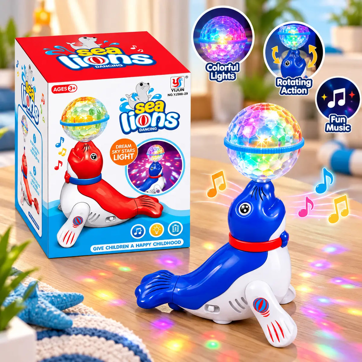 Rotating sea lion musical toy for kids featuring a colorful light-up ball, music and 360-degree rotating movement