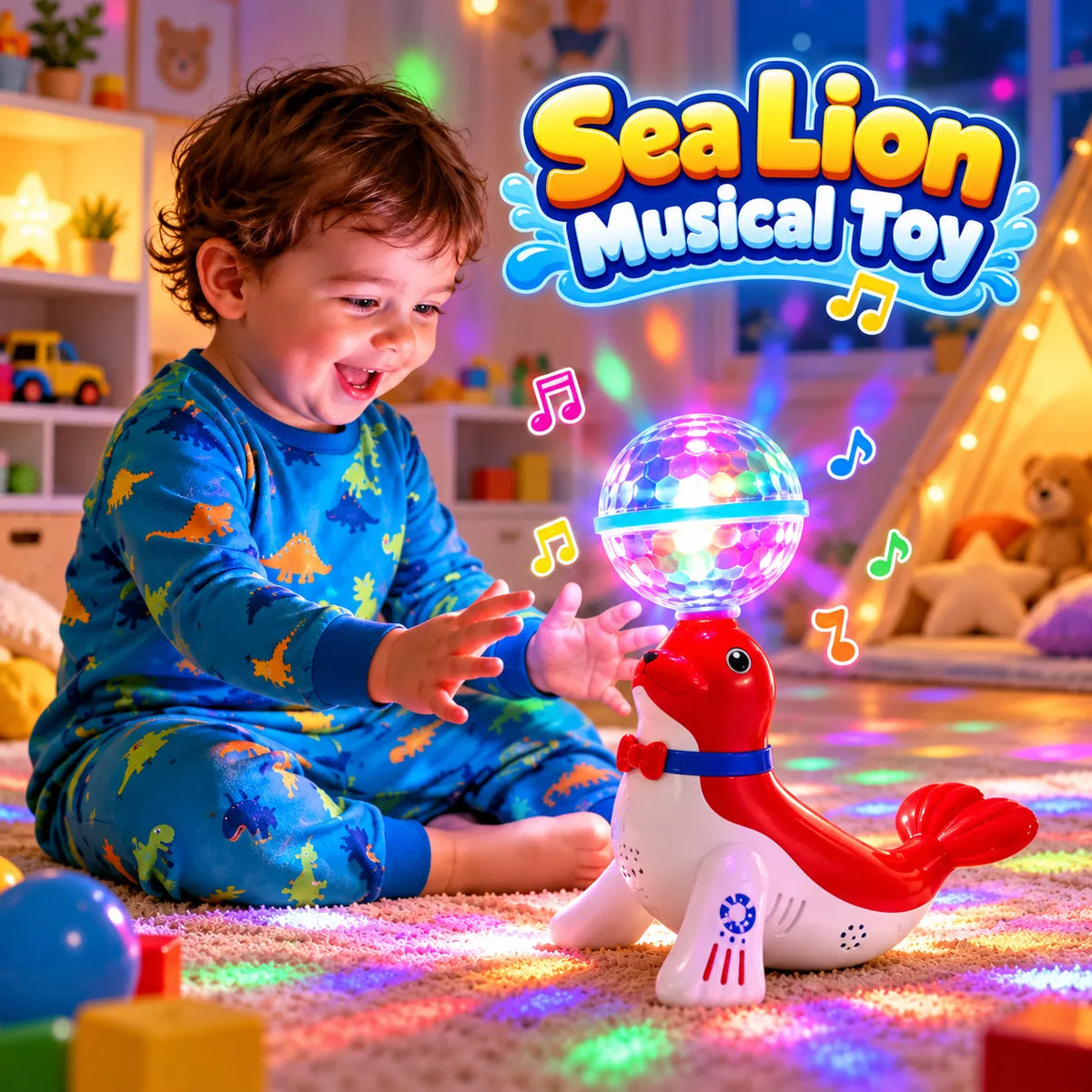 Rotating sea lion musical toy for kids featuring a colorful light-up ball, music and 360-degree rotating movement